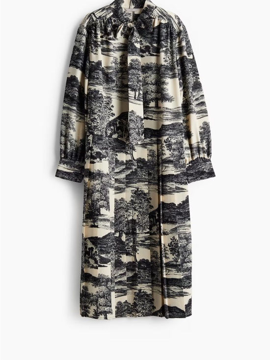 H&M Black and Cream Scenic Print Tie-Neck Midi Dress - Picture 5 of 12